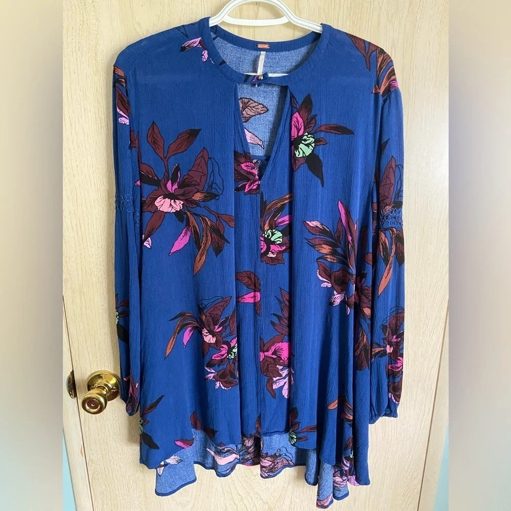 Free People Tree Swing Blue Floral Printed Rayon Oversized Tunic Mini Dress XS